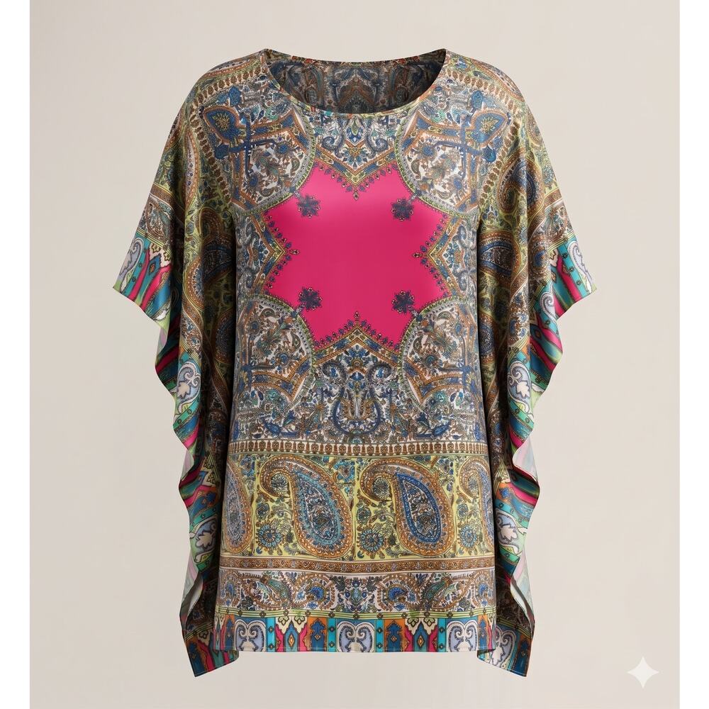 Chicos Womens S/M‎ Boho Artsy Festival Paisley Chloe Poncho Blouse Resortwear